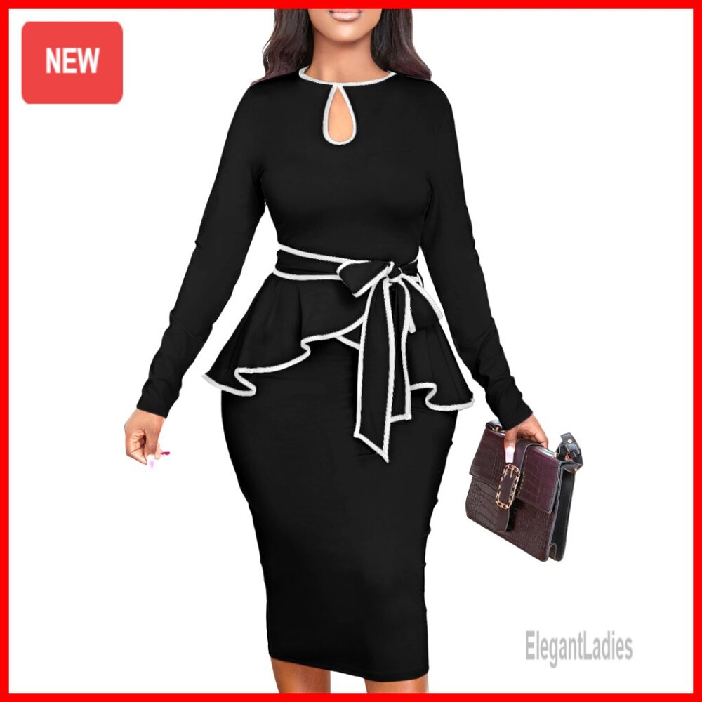 Bodycon Peplum Work Dress Long Sleeve Knee Length Zipper Back